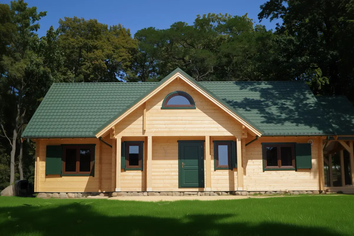 Eco-friendly timber home in green landscape